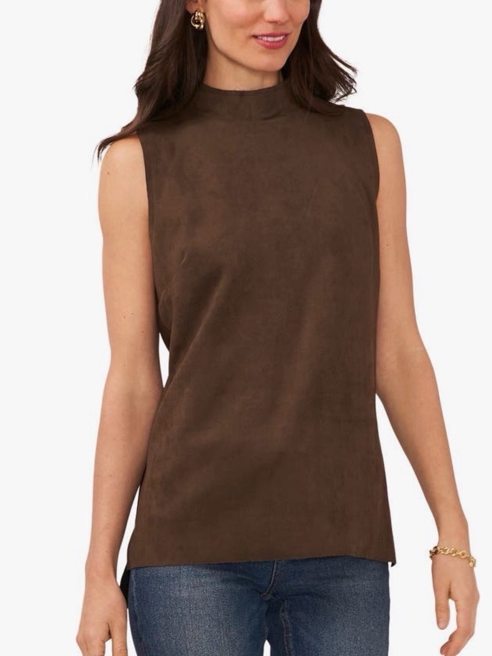 Vince Camino Brown Faux Suede Sleeveless Mock Neck Slim Top w/Side Slits
